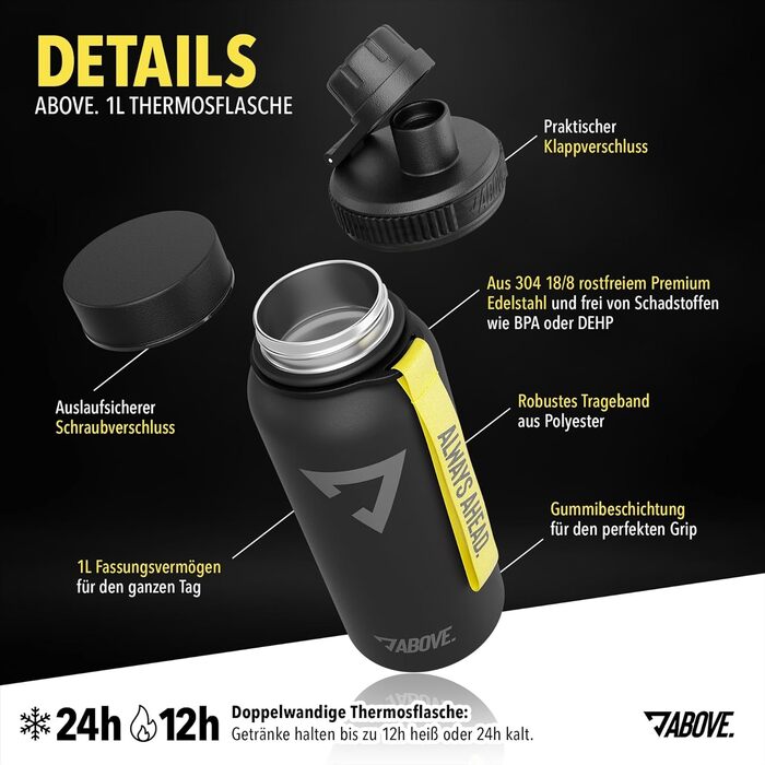 Термопляшка ABOVE Edelstahl 1л, чорна: нержавіюча сталь, BPA-free, 12 год гаряче/24 год холодне, для фітнесу, спорту, прогулянок