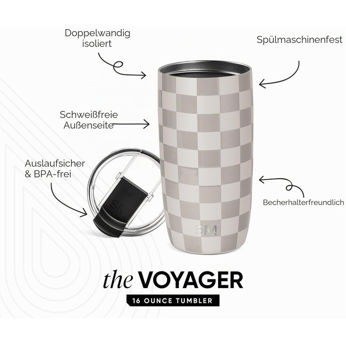 Термостакан Simple Modern Voyager з кришкою-клапаном, ізольований стакан з нержавіючої сталі для кави та напоїв, 470 мл, Midnight Black (Checkmate)