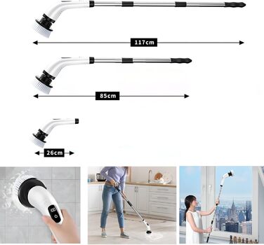 Електрична ротаційна щітка для прибирання: 8 насадок, регульована ручка, USB-C зарядка. Підходить для підлоги, плитки, ванної, кухні та душу