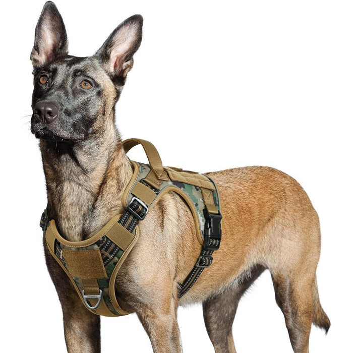 Нагрудник для собак Rabbitgoo середнього розміру, анти-тяга, регульований, з ручкою, міцний, зносостійкий, тактичний, з металевими пряжками, для прогулянок (M, L), камуфляжний коричневий