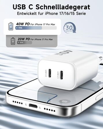 Зарядний пристрій 2x40W USB-C для iPhone 17 Pro Max/Pro/16/15 Plus, iPad Pro/Air, з кабелем 2м (Білий)