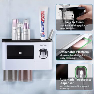 Automatic Toothpaste Dispenser Wall-Mounted with Space-Saving Toothbrush Holder for Bathroom, 2 Transparent Magnetic Cups, 6 Toothbrush Slots, 1 Cosmetic Organizer Drawer (2 Cups)