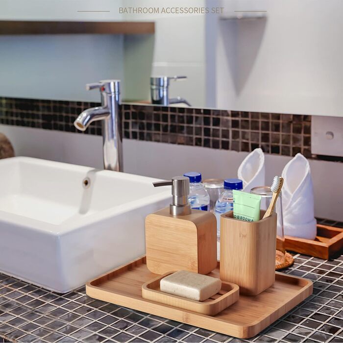 Набір аксесуарів для ванної кімнати Asashizen з бамбука (4 шт.), органайзер, мильниця, дозатор мила, стаканчики