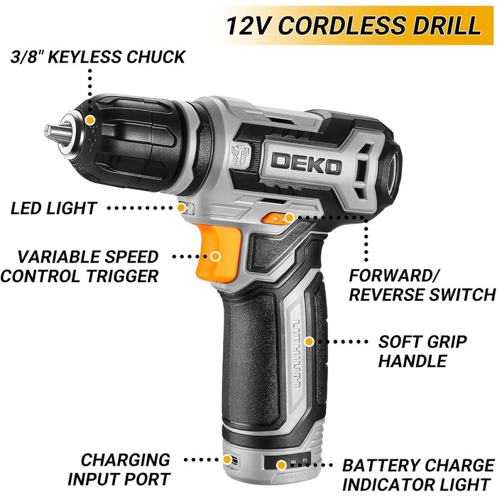 Акумуляторний дриль-шуруповерт DEKO 12V: набір інструментів 238 шт. з кейсом. Електричний дриль для дому, рукоділля та дрібного ремонту. Жовтий.