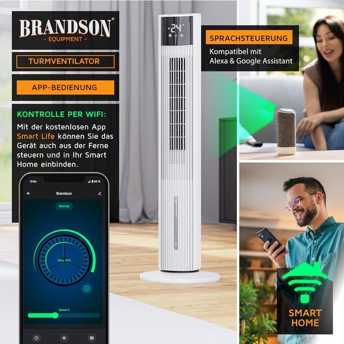 Вентилятор вежний з Wi-Fi та охолодженням Brandson ECO GREEN – розумне охолодження для дому, тихий, з керуванням Alexa, мобільний кондиціонер