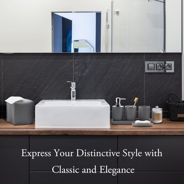 Набір аксесуарів для ванної кімнати, 10 предметів (сірий): сміттєвий контейнер, тримач для зубних щіток, мильниця, дозатор мила, тримач для унітазної щітки, контейнер для ватних паличок, кришка для серветок