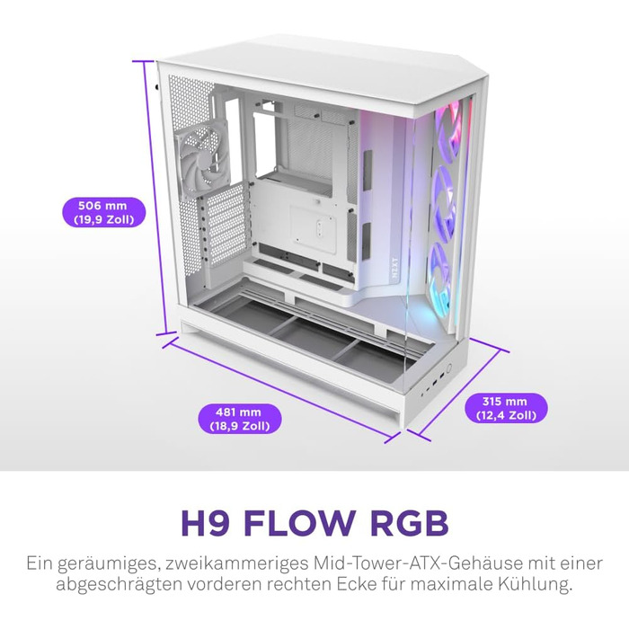NZXT H9 Flow 2025: Корпус ПК Mid-Tower з покращеною вентиляцією, велика двокамерна конструкція, 3 x 140мм та 1 x 120мм вентилятори, підтримка радіатора 420мм, загартоване скло, підтримка Back-Connect, RGB підсвітка