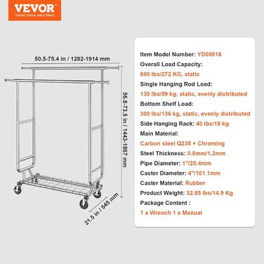 Стійка для одягу VEVOR - міцна чорна конструкція 200 x 1010 x 1510 мм для спальні, гардеробу, передпокою
