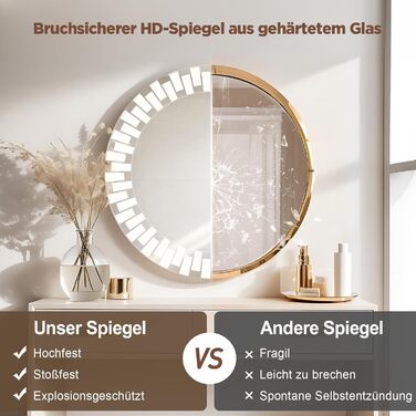 Круглий дзеркало для ванної кімнати YOLEO з підсвічуванням, 60 см, сенсорне керування, захисне скло, 3 кольори світла, регулювання яскравості, 80x80 см