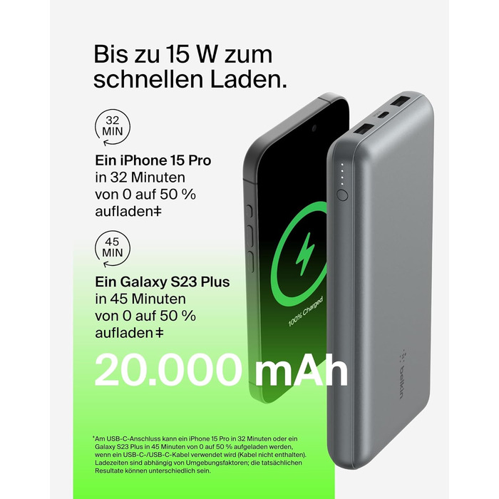 Powerbank Belkin 20000mAh з USB-C та USB-A, 20K, сірий, для iPhone, Galaxy, Pixel, iPad, AirPods