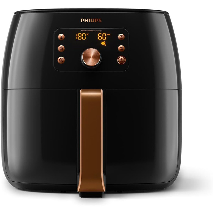Philips Airfryer XXL with Rapid Air Technology - Hot Air Fryer with 7.3L Capacity, 90% Less Fat, Smart Sensing for Perfect Results, QuickClean, Recipe App, Black/Copper (HD9867/90)