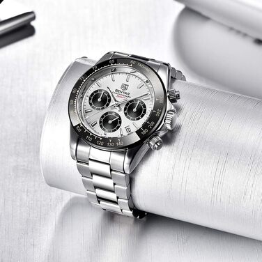 Чоловічий годинник BENYAR: Хронограф, кварцовий механізм, водонепроникний, з нержавіючої сталі, білий та чорний колір