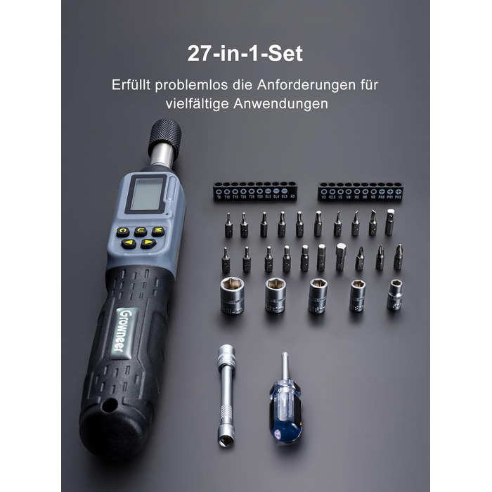 Цифровий динамометричний викрут GROWNEER 2.66-53.1 In-lbs/0.3-6 Nm з LED-дисплеєм та звуковим сигналом, 1/4'' Drive, 27 в 1