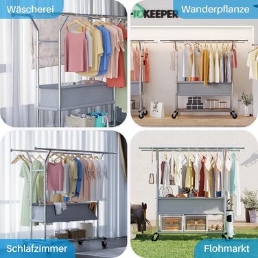 HOKEEPER Clothes Rack with Shelves, 450 kg Capacity, Rolling Clothes Rack, Portable Clothes Hanger, Chrome (D005)
