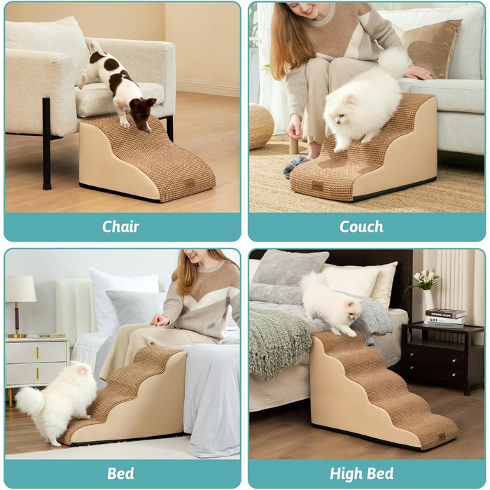 Сходинки для собак маленьких порід 50 см, для ліжка, з високощільним губчатим наповнювачем, 4 сходинки, знімний та миючий чохол, неслизьке покриття, 40x72x50 см, світло-коричневий колір