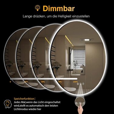Дзеркало для ванної кімнати з підсвічуванням 70 см, LED дзеркало з підсвічуванням, 3 кольори світла, антизапарник, регульована яскравість, сенсорне управління, функція пам'яті, кругле, водонепроникне IP44, 70x70 см