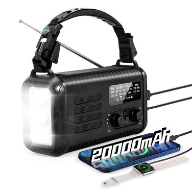 Радіо на сонячних батареях з ручним заводом 20000mAh Notfallradio, AM/FM, ліхтарик, SOS-сигнал, зарядний пристрій для телефону (Чорний)