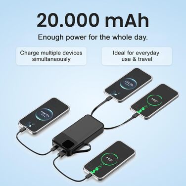 Універсальний зовнішній акумулятор All-IN-ONE Powerbank 10000 mAh чорний: швидка зарядка 22.5W, PD 20W, бездротова зарядка 15W, зарядний пристрій для Apple Watch, вбудовані кабелі USB-C та Lightning, LED-дисплей, алюмінієва підставка