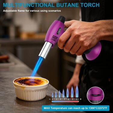 Наповнюваний пальник для крем-брюле, міні-пальник з безпечним затвором та регульованим полум'ям для десертів, BBQ, фіолетово-чорний