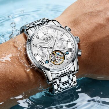 Чоловічий механічний годинник OLEVS з турбійоном та календарем, водонепроникний, зі світлою індикацією (7088, сріблястий)