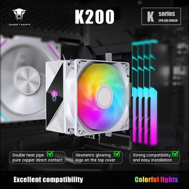 Кулер для процесора Jungle Leopard KF420E з дисплеєм температури, 4 теплові трубки, 155 мм висота, 120*120*25 мм вентилятор 1800RPM ARGB PWM, для LGA 115X/1200/1700/1366/2011/1851, AM4/AM5 (Чорний) (K200-WH)