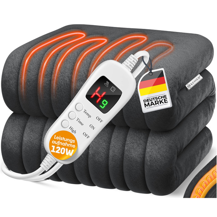 Електрична грілка KESSER® з плюшу 180x130 см сірого кольору | з таймером, автоматичним вимкненням, 7 температурних режимів, цифровим дисплеєм, прання до 40°C | Тепла та м'яка ковдра | Сертифікат TÜV SÜD GS