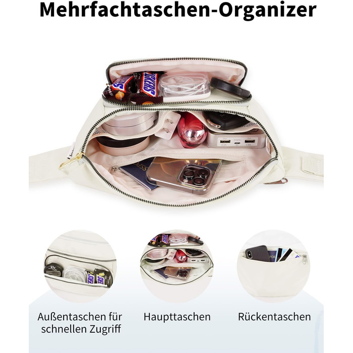 Сумка на пояс для жінок та чоловіків, стильна поясна сумка з 4 кишенями на блискавці та регульованим ремінцем, ідеальна для подорожей та піших прогулянок (Запатентовано), бежевий колір
