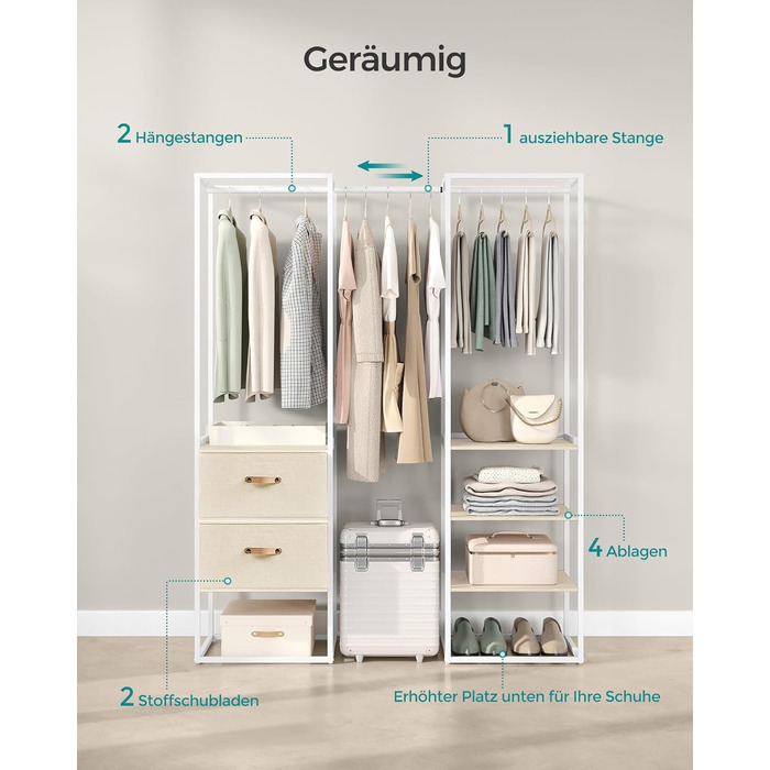 SONGMICS Clothes Rack, Open Wardrobe, High-Load-Capacity Coat Rack, 1 Extendable Rod, 2 Drawers, 4 Shelves, for Bedroom, Space-Saving, Natural Beige RGR003W67