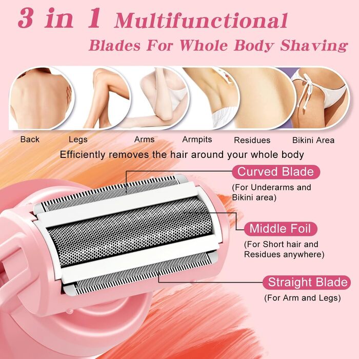 Електричний епілятор Hatteker 3-в-1 для жінок: тример для бікіні, епілятор та бритва. LED-дисплей, IPX7, USB-зарядка (Рожевий)