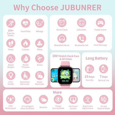 Дитячий розумний годинник Kinderuhr: фітнес-трекер з пульсометром, лічильником кроків, будильником, IP68, водонепроникний, для хлопчиків та дівчаток, рожевий