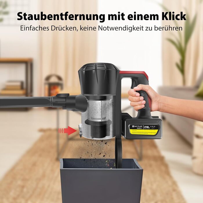 Бездротовий акумуляторний пилосос з антизаплутувальною насадкою, фільтрація 99,999%, для автомобіля та будь-яких поверхонь (червоний, незнімний акумулятор)