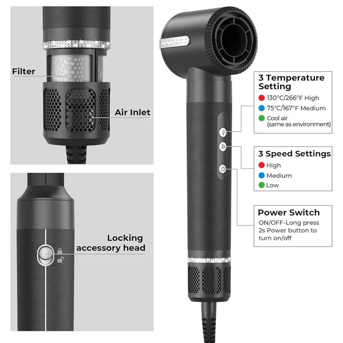 UKLISS Air Styler 7 в 1: Фен-щітка з 7 насадками для сушіння, локонів та об'єму. Іонізація, чорний