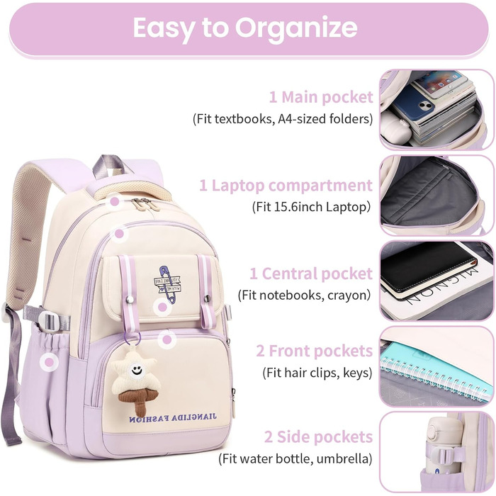 Дитячий рюкзак IvyH для дівчаток - стильний шкільний рюкзак, водонепроникний, великий, для 3-6 класів, фіолетовий