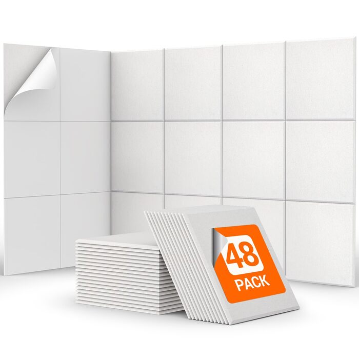 Акустичні панелі TONOR самоклеючі, квадратні 30x30x0,9 см, звукопоглинаючі плити з поліестеру високої щільності для стін, стелі та дверей, білі (48 шт)