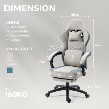 Ігрове крісло Dowinx з тканини з гелевою подушкою, масажне, з підставкою для ніг, ергономічне, з кишенею для зберігання, для геймерів і офісу, до 150 кг, сіре