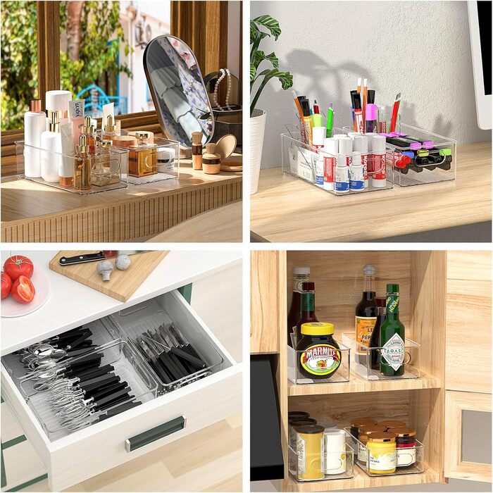 FINEW Refrigerator Organizer 12-Piece Set (4 Small, 4 Medium, 4 Large), Stackable Refrigerator Containers, Transparent Storage Boxes for Kitchen, Pantry, Cabinets, Sink, Bathroom - BPA Free (8 PCS - 4 Medium / 4 Large)