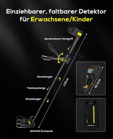 Металодетектор професійний для дорослих та дітей – водонепроникний, з LCD-дисплеєм та спіральною котушкою 25 см, бездротовий, складної конструкції, з акумулятором 2000mAh – високоточний, жовтий