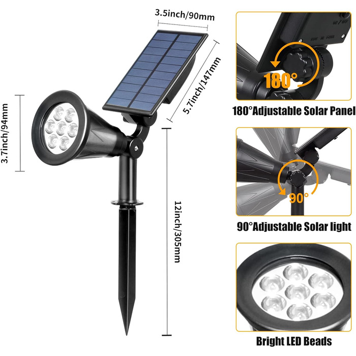 T-SUN LED Solar Spotlights, 2 Pack 4 LED Solar Garden Lights, Bright Garden Light, 2 Lighting Modes, Security Lighting, Large Outdoor Light for Lawn, Paths, Terrace (Cool White 6000K) (7led-warmwhite, 2 Pieces)