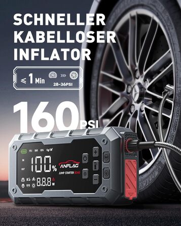 Портативний акумулятор Starthilfe ANFLAG 7000A 26800mAh з компресором 160PSI для автомобілів, підтримка бензинових та дизельних двигунів (14.0L), PD65W, LED-ліхтар