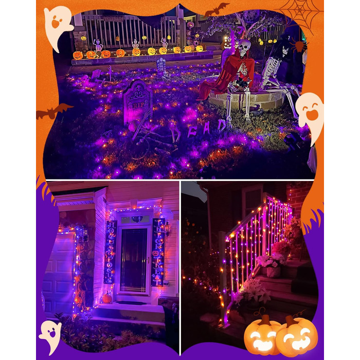 Гірлянда на Хелловін, 30м, 300 LED, оранжево-фіолетова, з функцією пам'яті та таймером, 8 режимів освітлення, вологостійка, для декорування інтер'єру та екстер'єру