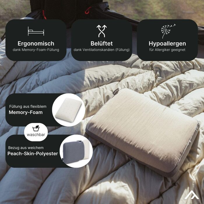 qeedo Comfort Pillow - Compact Travel Pillow made of Memory Foam (38 x 28 cm), Compressible, Washable Polyester Cover, Camping Pillow, for Camping, Car, Train or Flight Travel
