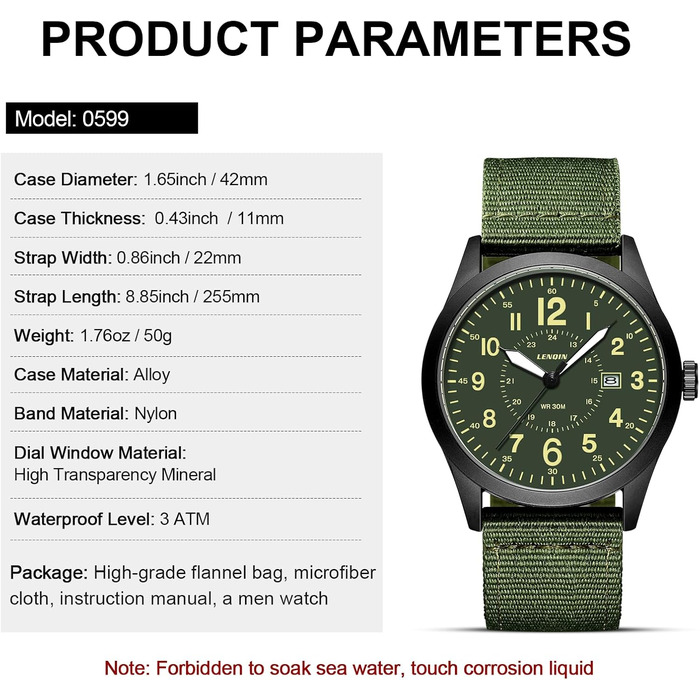 Годинник чоловічий LN LENQIN Military 30M водонепроникні годинники з датою, кварцові, тактичні, з нейлоновим ремінцем (зелено-чорний)