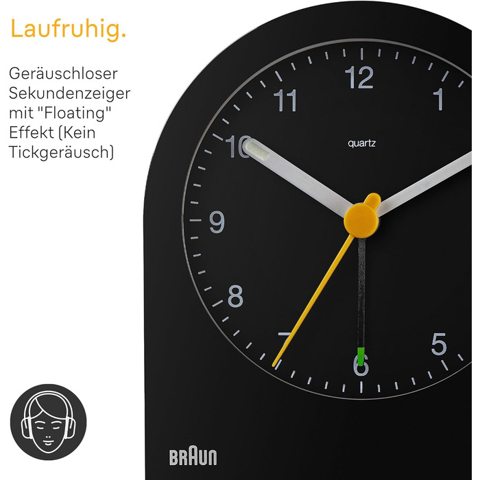 Braun Classic Analog Alarm Clock with Snooze Function and Continuous Backlight, Quiet Quartz Movement, Crescendo Alarm in Black, Model BC22B.