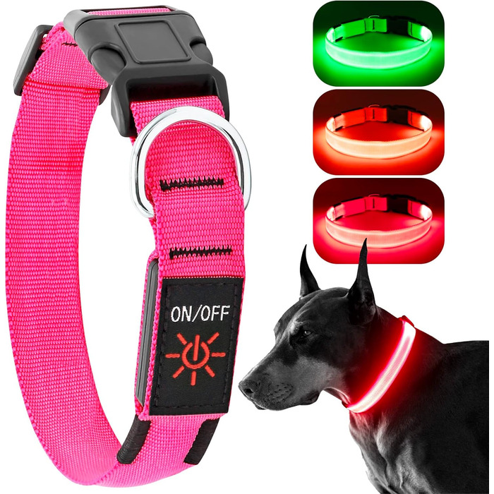 Світловідбиваючий нашийник для собак з LED-підсвіткою, USB, водонепроникний, регульований, для середніх та великих собак (зелений, рожевий)