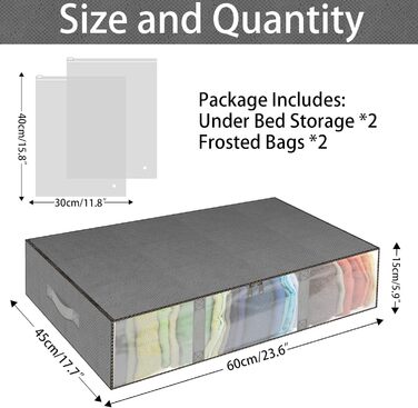 Комод під ліжко, 2 шт. Коробки для зберігання під ліжко з кишеньками для одягу, прозорі, ящик для ліжка з вікном, органайзер для ковдр, подушок, одягу, постільної білизни (сірий)