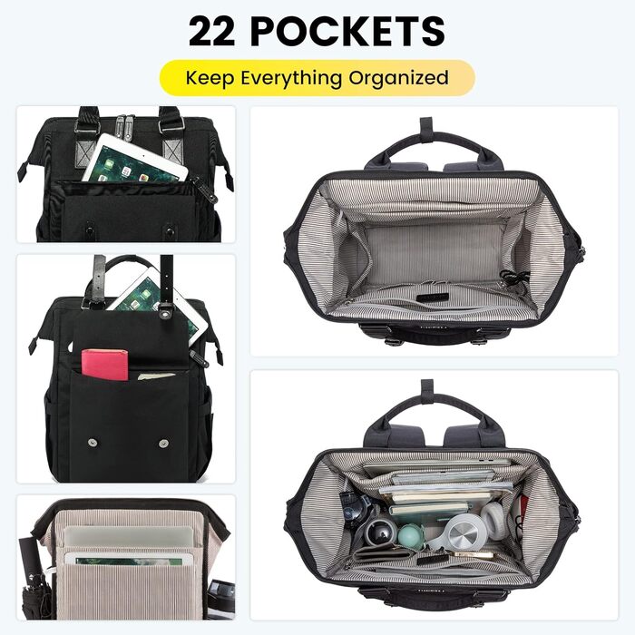 LOVEVOOK Рюкзак для жінок, 18 дюймів, водонепроникний, рюкзак для подорожей, ручна поклажа, чорний з кишенею для кабелю, відділенням для ноутбука, рюкзак на день для школи, університету, бізнесу та подорожей, 18 дюймів, чорний