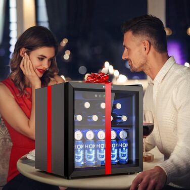 Міні-холодильник EUHOMY для напоїв на 55 банок, чорний, 36L, з дверцятами з прозорого скла, LED-підсвітка, тихий (43dB), для офісу, кімнати, бару