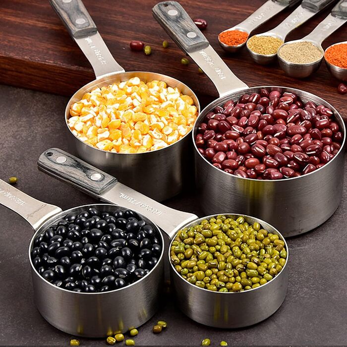 9-Piece Measuring Cup Set with Hanging Handles, Measuring Spoons, Coffee Spoons, Stainless Steel, Non-Toxic, Professional Kitchen Measuring Set for Cooking and Baking.