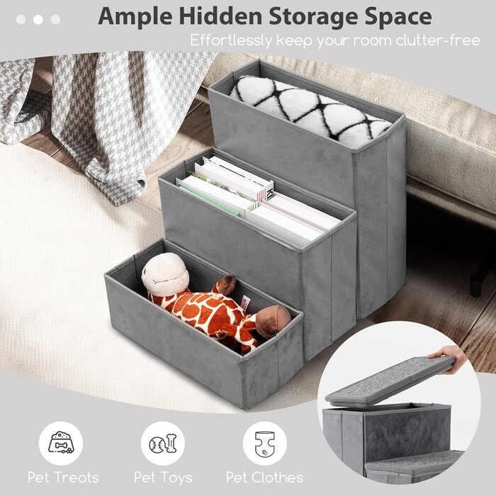 Сходи для собак SOARS, складані, з місцем для зберігання, неслизькі, до 50 кг, для котів та собак, під ліжко/диван (сірий, 3 сходи, 38 x 51 x 45 см)