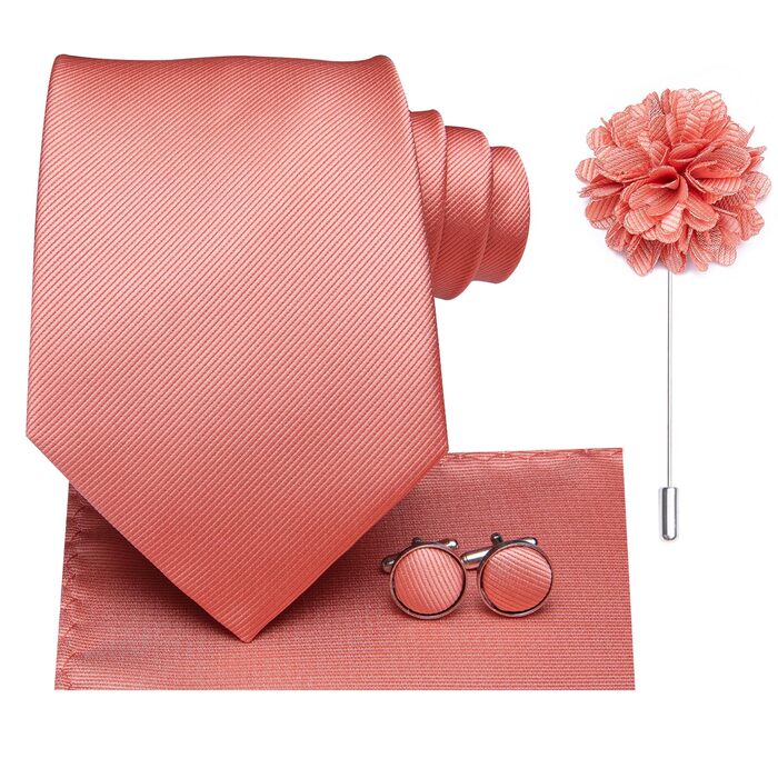 Комплект краваток для чоловіків Hi-Tie: краватка, нагрудна хустинка, кравецькі шпильки, запонки, формальний шовк, для весілля та свят (кораловий)